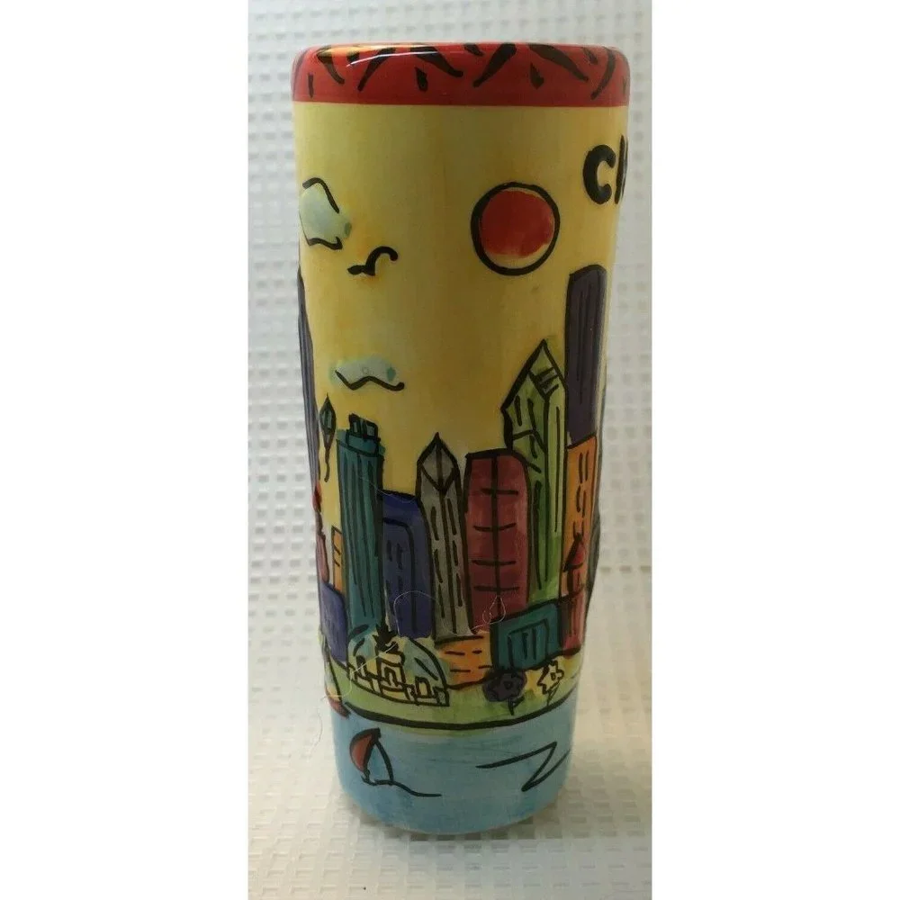 Chicago Tall Double Ceramic shot glass, skyline, birds, Lake Michigan, sailboats
